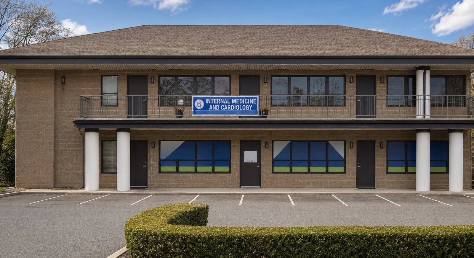 The practice’s office building, with its Internal Medicine and Cardiology sign over the entrance.